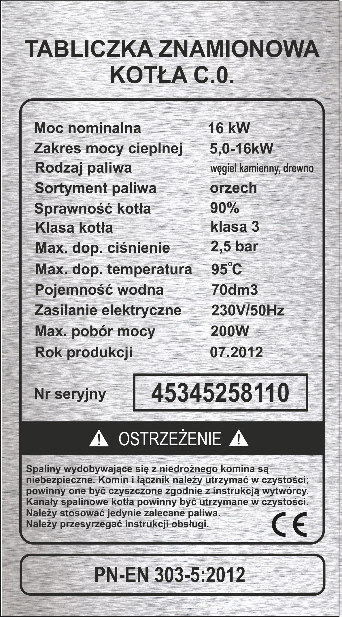 Typový štítok 3 na pec, kotol ústredného kúrenia, gravírovaný, 10 × 18 Voľný
